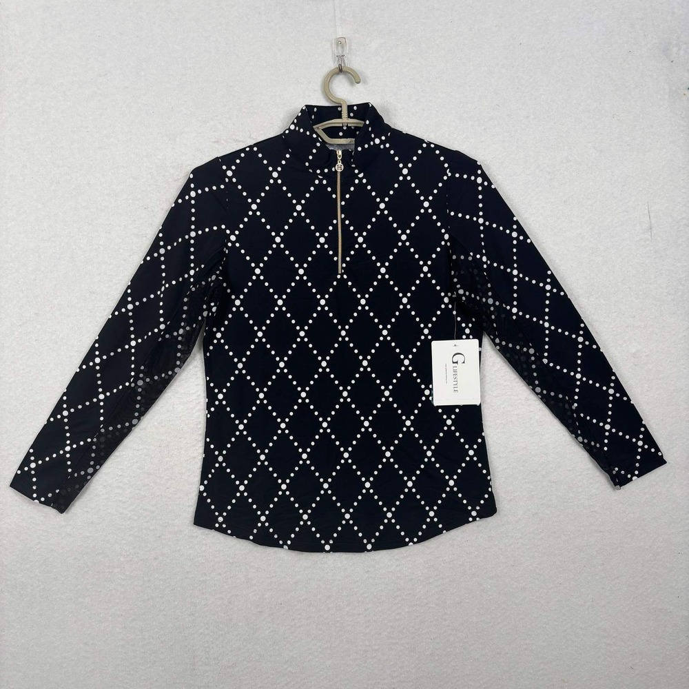 G Lifestyle Top Shirt 1/4 Zip M Black Diamond Polka Dot Golf Tennis UPF 50+ NWT